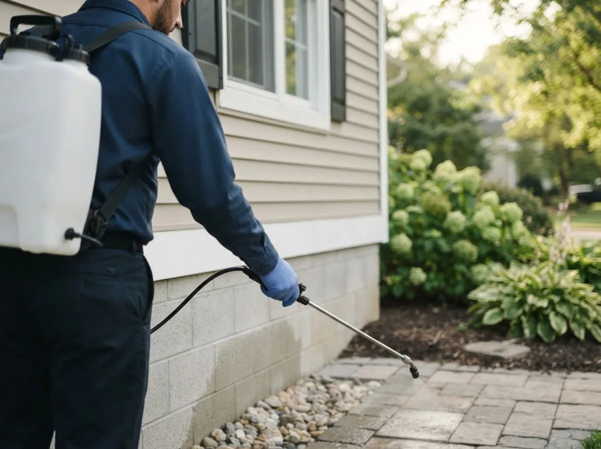 Pest control technician inspecting a home in Morral, OH